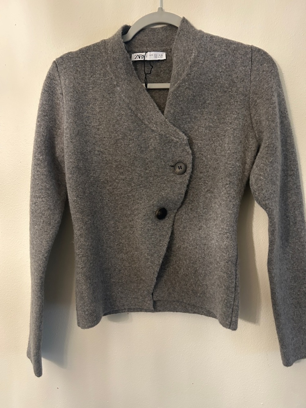 Zara Gray Asymmetric Two-Button Wool Blend Cardigan